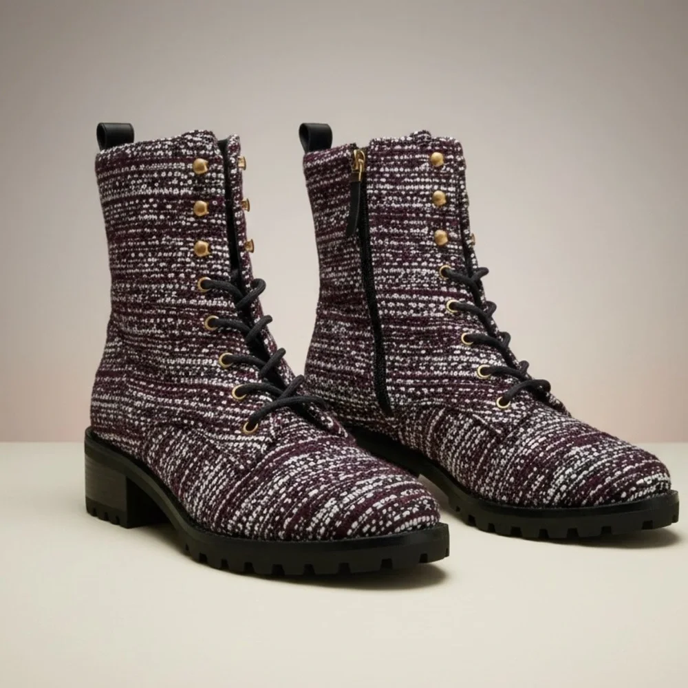 TORY BURCH Burgundy Tweed Lace-Up Lug Boots